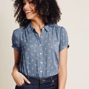 ModCloth blouse retro blue floral button shirt 1940 40s puff sleeve top vintage
